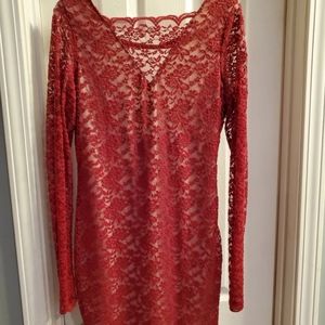 Double Zero sz M, cranberry red, lace overlay, long-sleeved dress. NWT
